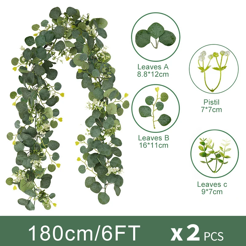 2pcs Eucalyptus Garland 6FT Green Flower Garland Decor Artificial Faux Eucalyptus Leaves Greenery Vines for Table Runner Wedding