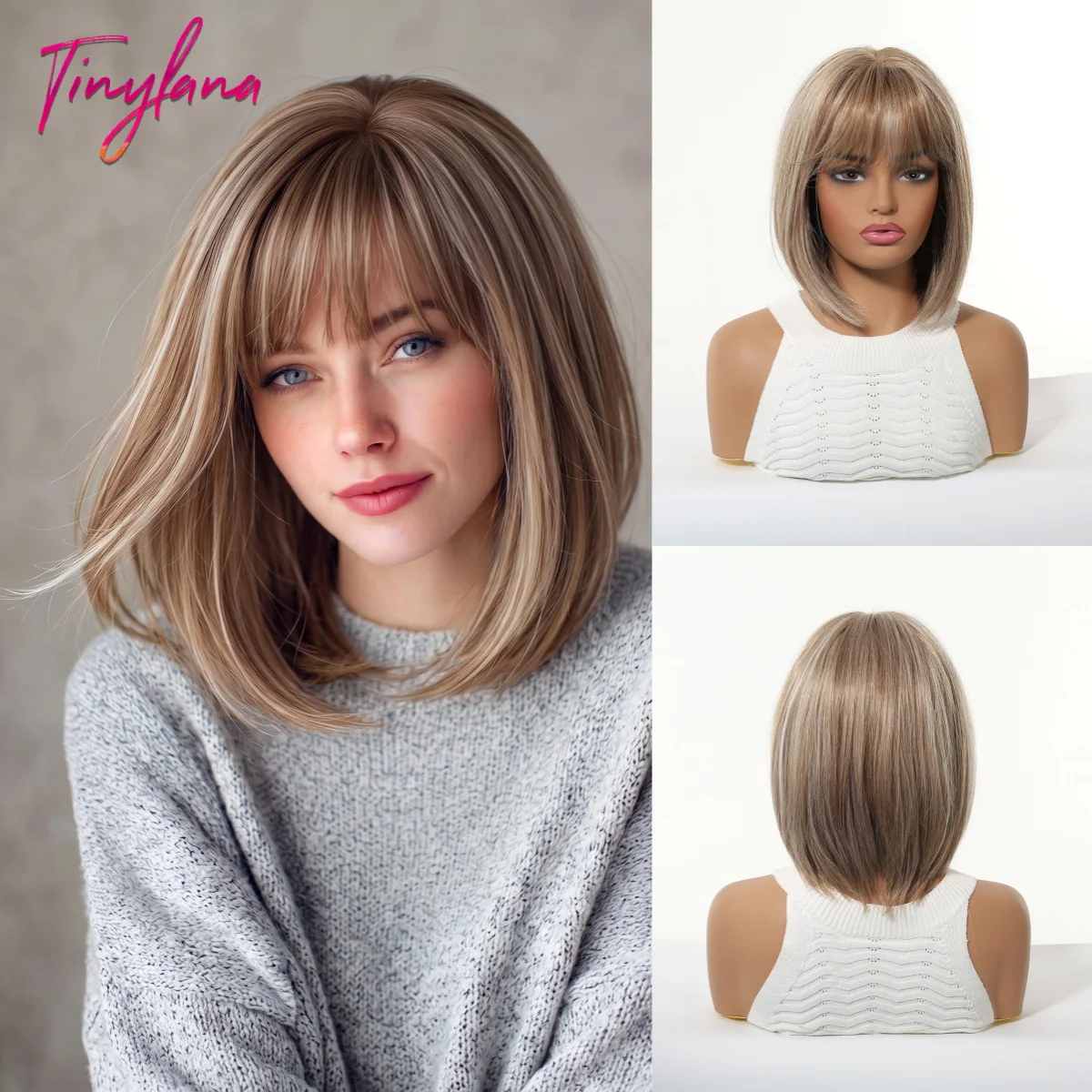 

Short Straight Bob Wig With Bangs Light Brown Blonde Platinum Blonde Ombre Synthetic Heat Resistant Daily Wear For Women