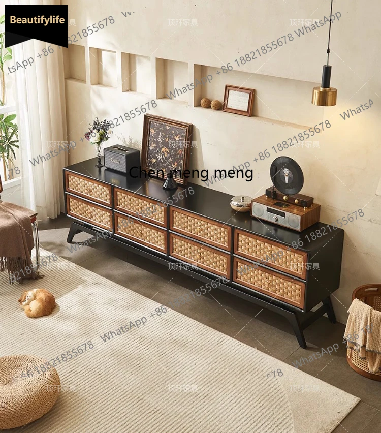 

A139 Medieval style floor-to-ceiling solid wood TV cabinet creative rattan household storage low cabinet retro TV cabinet