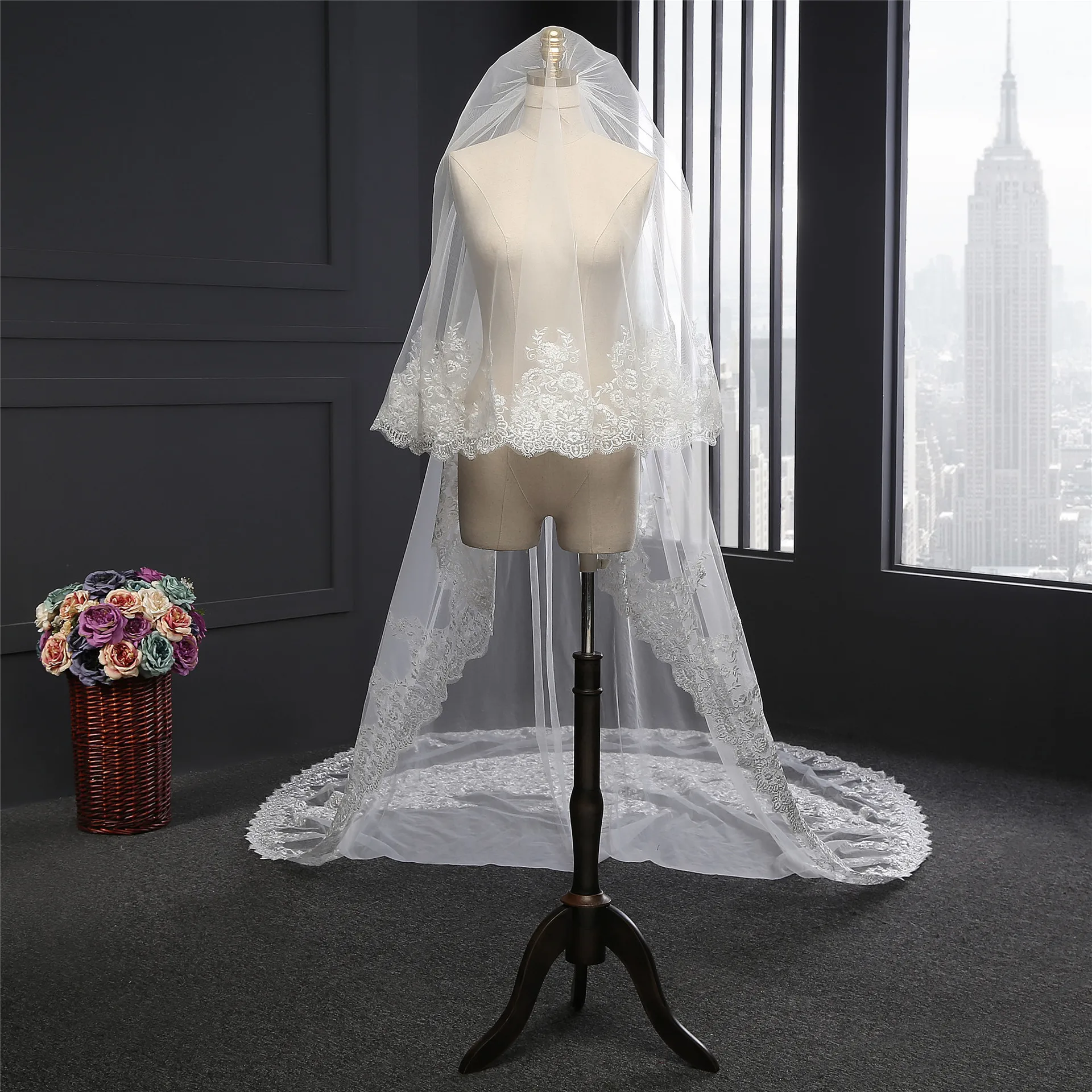 Velo de novia largo de lujo, velos de novia de marfil blanco con peine, aplique de borde de encaje, longitud de catedral elegante, personalizado, 3,5 M, 1,8 de ancho, 2L