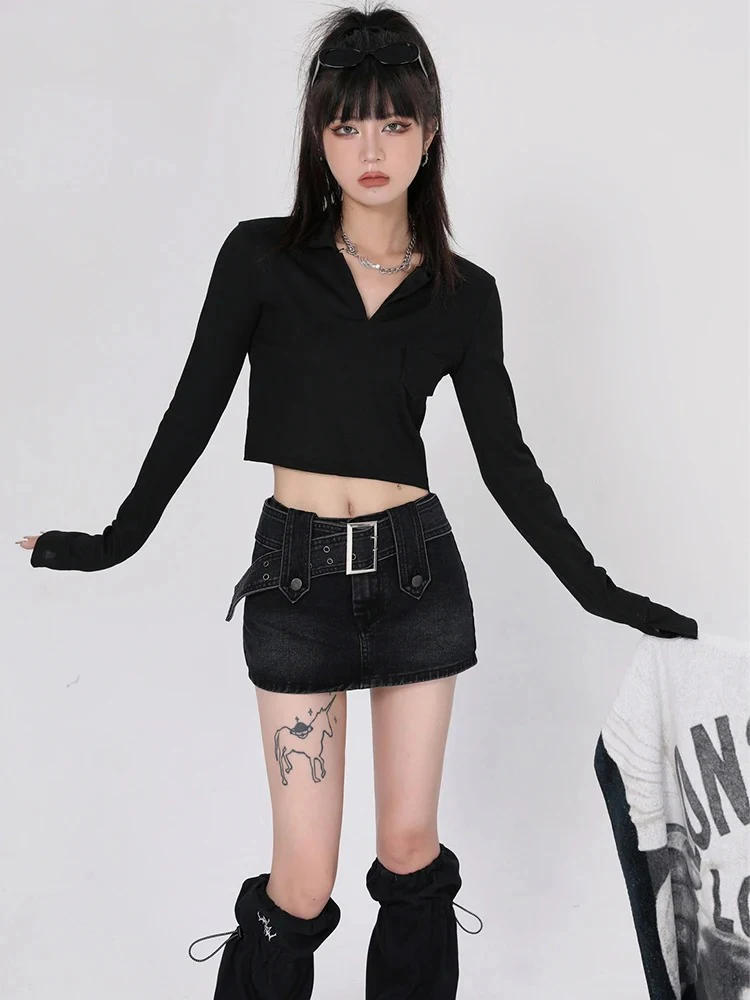 Mini jupe en jean taille haute avec ceinture pour femme, tenue gothique sombre, grunge punk, emo Alt, streetwear vintage, Harajuku, Y2K, 2024