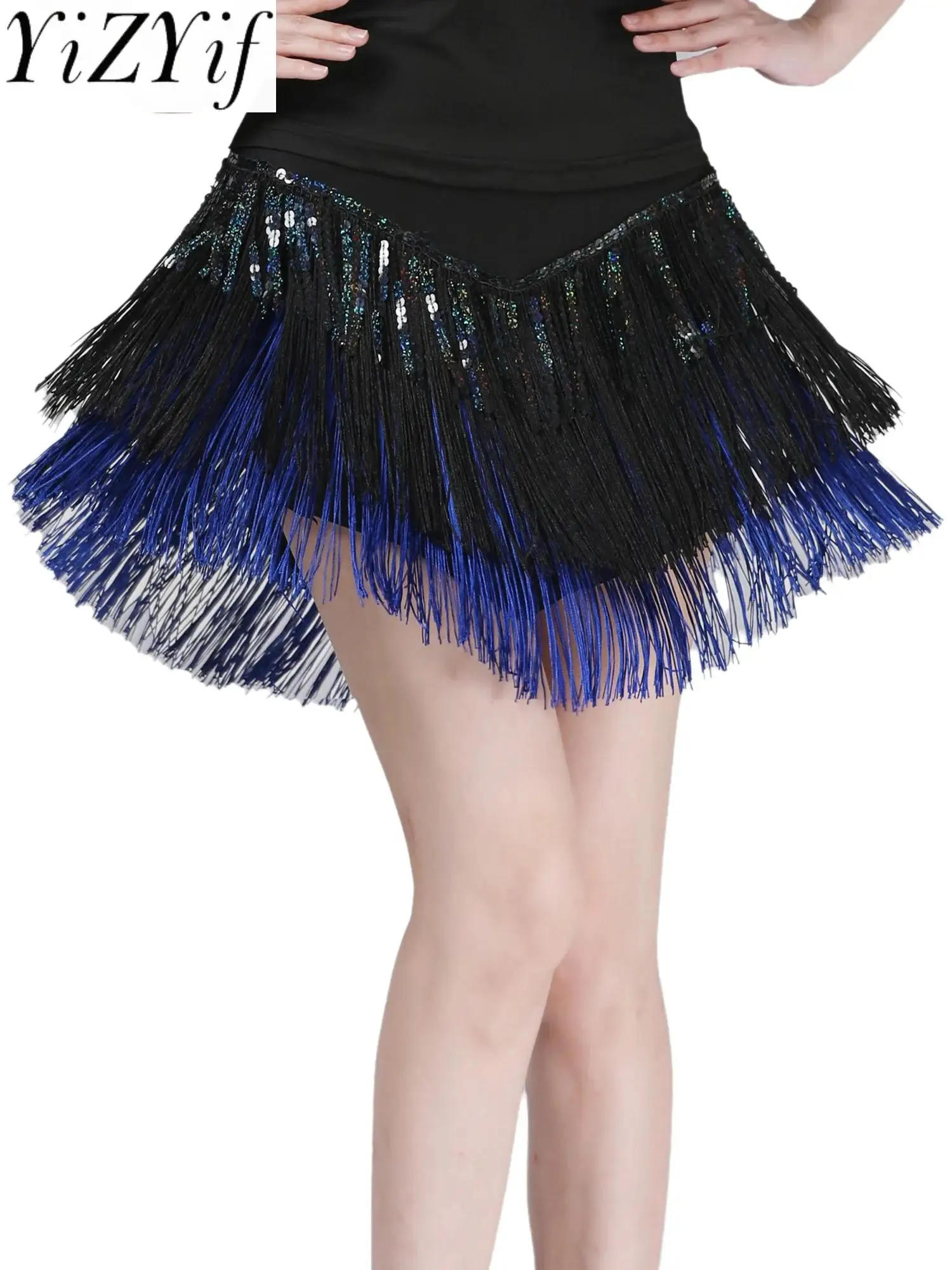 

Women Latin Tango Tassel Skirt 3-layer Contrast Color Fringe Hem Short Skirt for Chacha Salsa Practicing Stage Performance Skirt