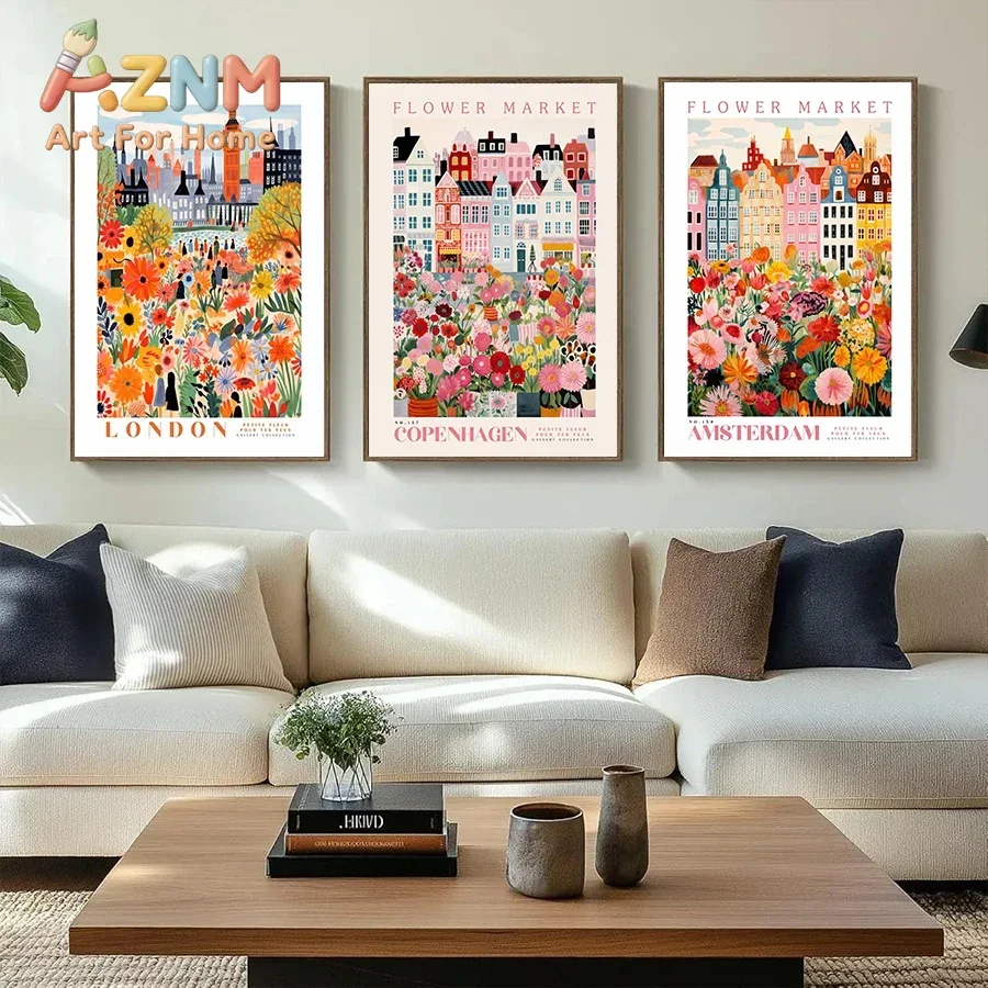 Vintage Flower Market City Poster Wall Art Paris London Prague Amsterdam Retro Floral Canvas Print Home Decor Aesthetic Gift