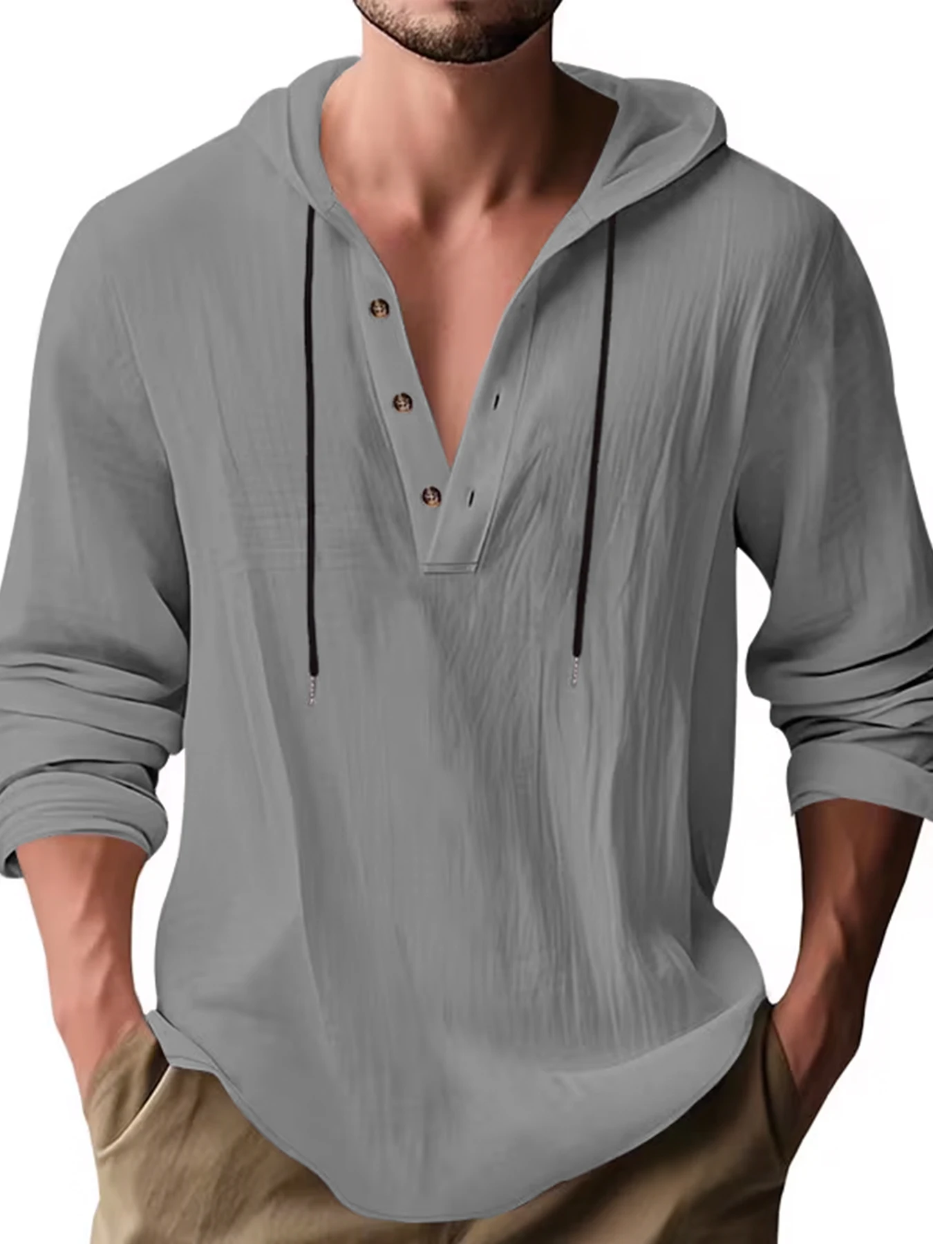 Herren Baumwoll-Leinen Kapuzen-Henley-Shirt Pullover Atmungsaktiv Bequem Neuer Stil Vielseitige Freizeitkleidung – Detail 20