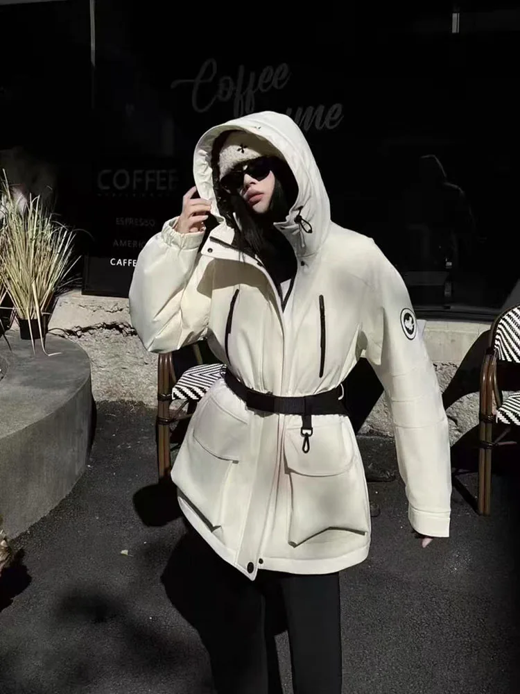Fashion Hooded Padded Jackets With Belt Women Full Sleeve Down Coat 2025 Autumn Winter Lady Thickend Warm Skiing Jacket