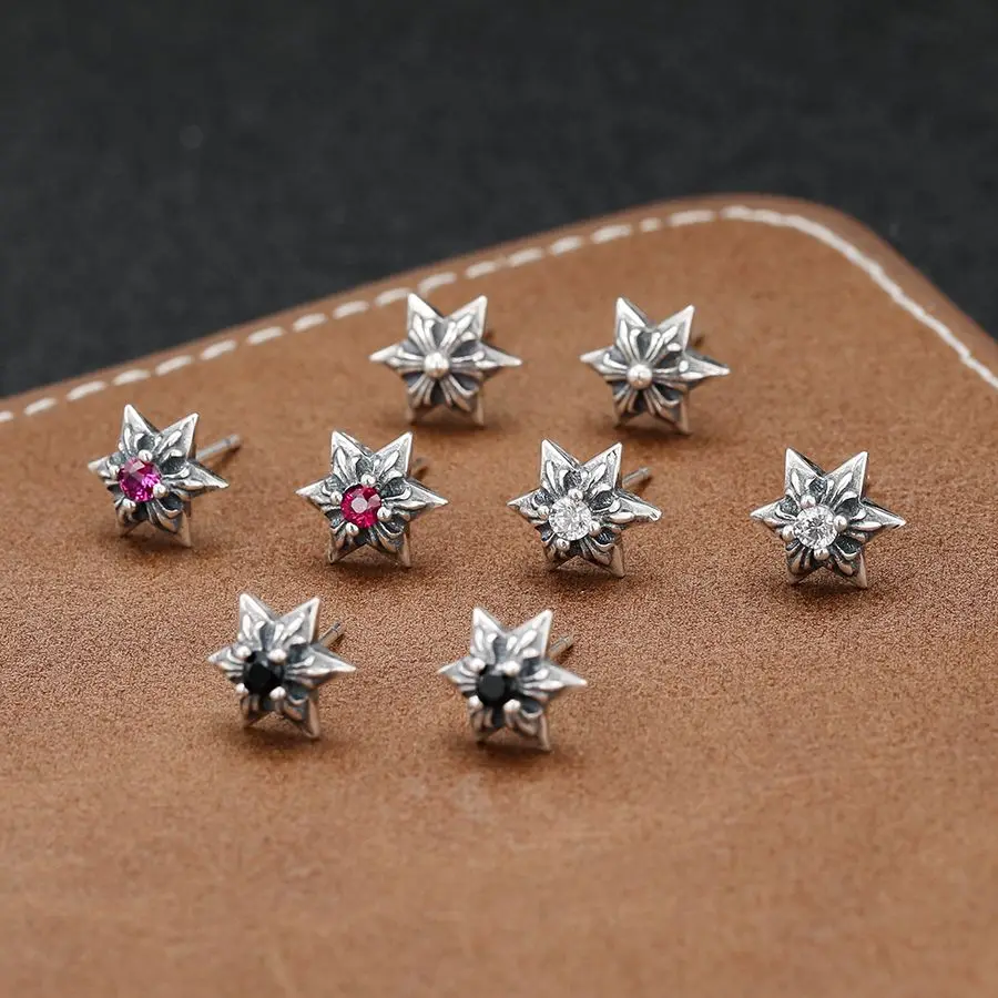 

Thai silver retro six pointed star earrings S925 sterling silver earrings for male and female couples hip-hop personality single