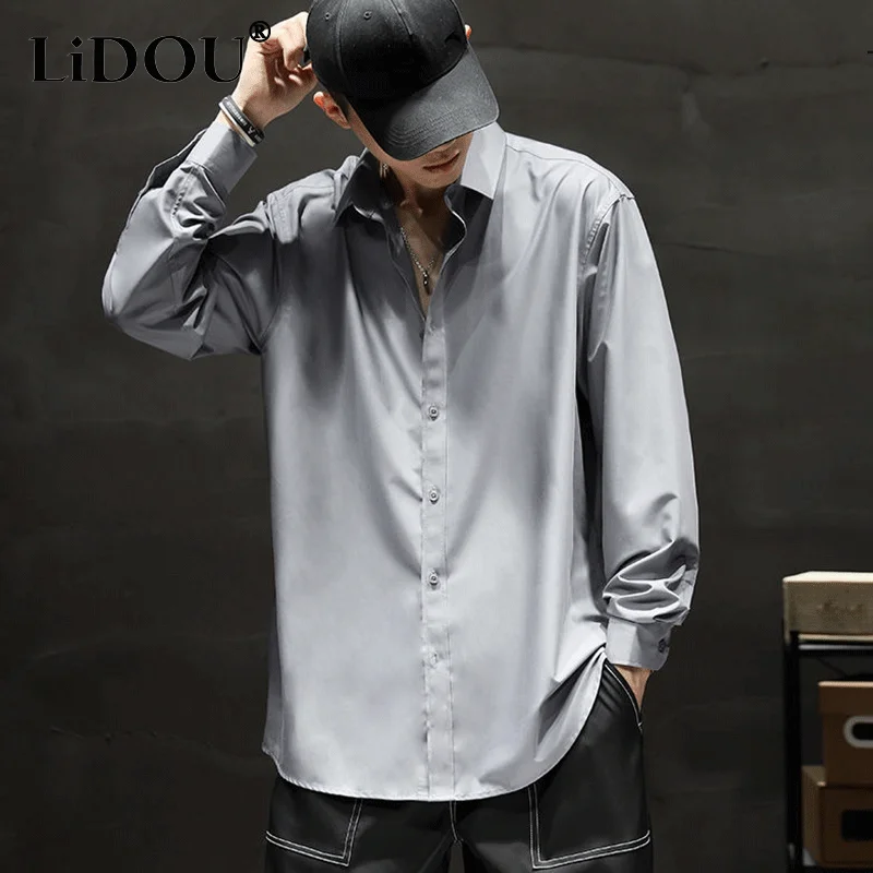 Autumn Winter New Casual Loose All Match Simple Shirts Man Solid Single Breasted Drape Blouse Male Long Sleeve Chic Streetwear