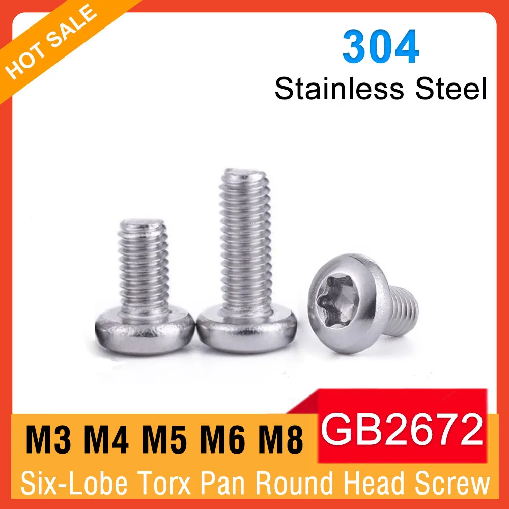 

10-100pcs M3 M4 M5 M6 M8 GB2672 A2 304 Stainless Steel Six-Lobe Torx Pan Round Head Screw Bolt Length=3-50mm