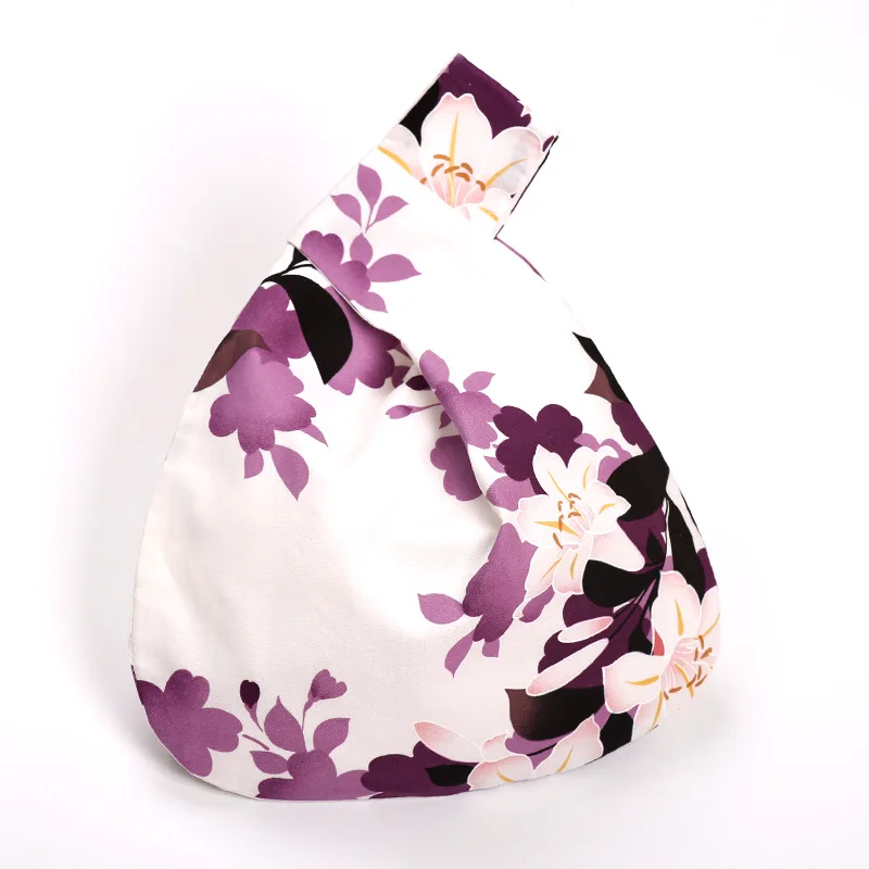 Women's Knot Wrist Bag Japanese Style Handmade Handbag Portable Mini Printed Flowers Bucket Bag Large Capacity Shopping Bag