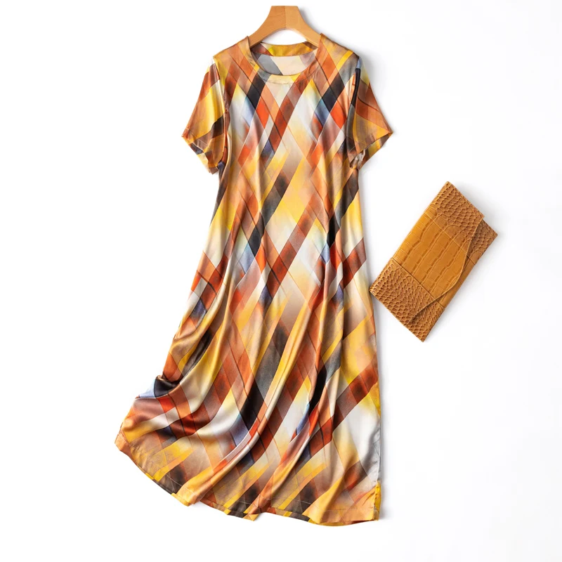 Vestido de mujer 93% seda morera 7% LICRA 19 Momme colorido estampado a cuadros manga corta con cinturón vestido largo Oficina señora MM294