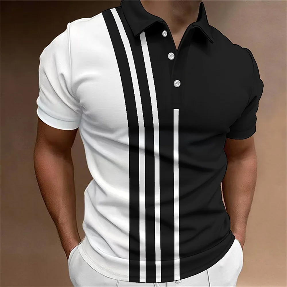 Men's Polo Shirt Short Sleeve High Quality Summer Strip Print Male Business Casual Botton Top Original Golf Shirt Men Clothing