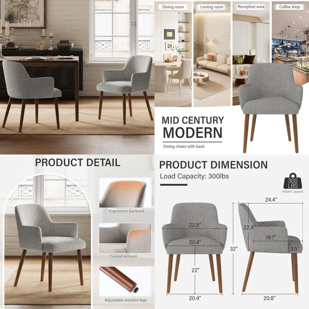 Pair of Contemporary Fabric Upholstered Dining Chairs with Curved Armrests and Wooden Legs