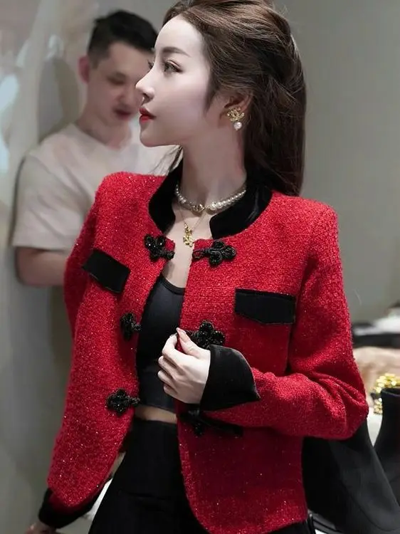 

Red Cotton-Enhanced Thiened ort Outerwear for Women Autumn Winter Ladylike Ele Godd Sle Faionable Top