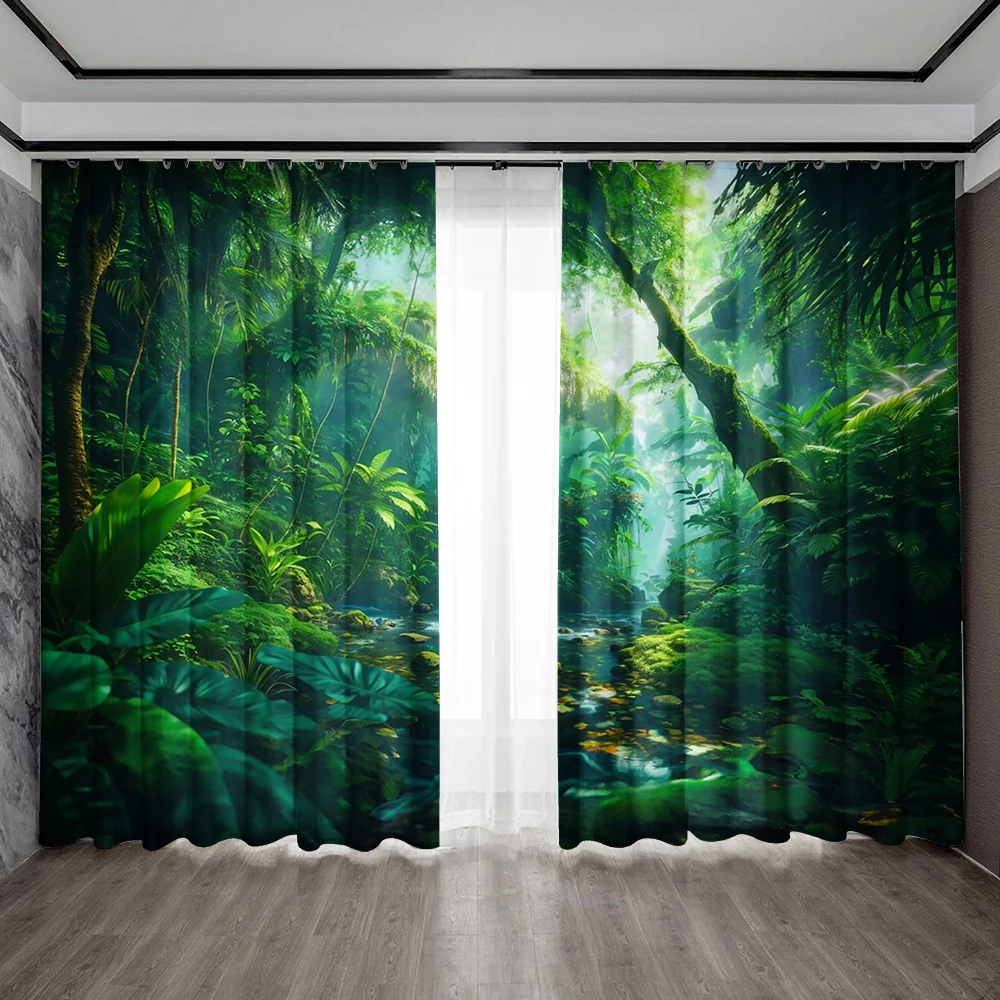 2PC Home Decoration Screen Curtain Green Forest Landscape Screen Curtain Suitable For Kitchen, Cafe, Living Room, Balcony