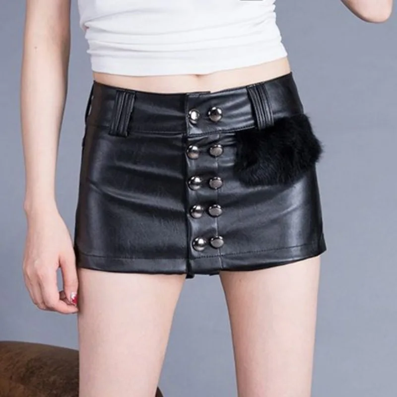 

Pu Leather Shorts for Women 2025 Autumn New Double-breasted Low-rise A-shaped Elastic PU Leather Skirt