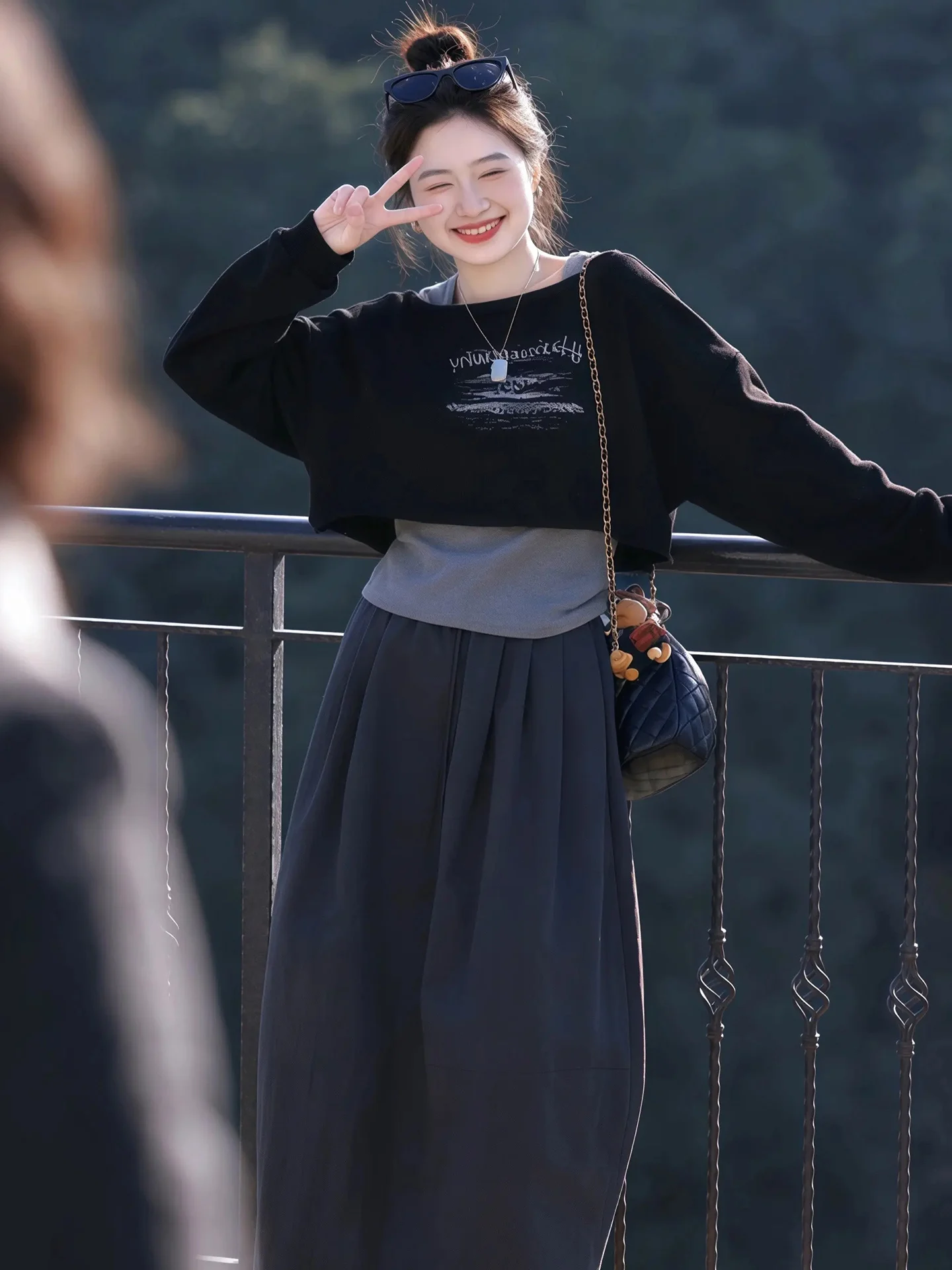 

Korean Design Sense Women's Long Sleeve Letter Print Vest Sweater High Waist Skirt Three Piece Set Fashionable Commute S...