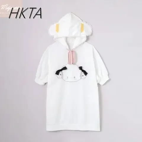 Japanese New Summer Kawaii Cute Cartoon Embroidered Hooded T-shirt Dress Women's Lolita Soft Girl Short-sleeved Tshirt Hoodies