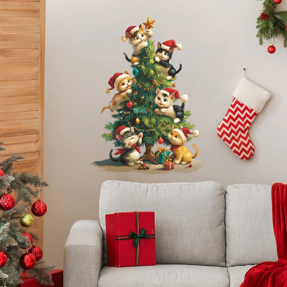 

Cartoon Cats Christmas Tree Wall Stickers For New Year Decoration Mural Cupboard Fridge Beautify Home Decor Self-adhesive Decals