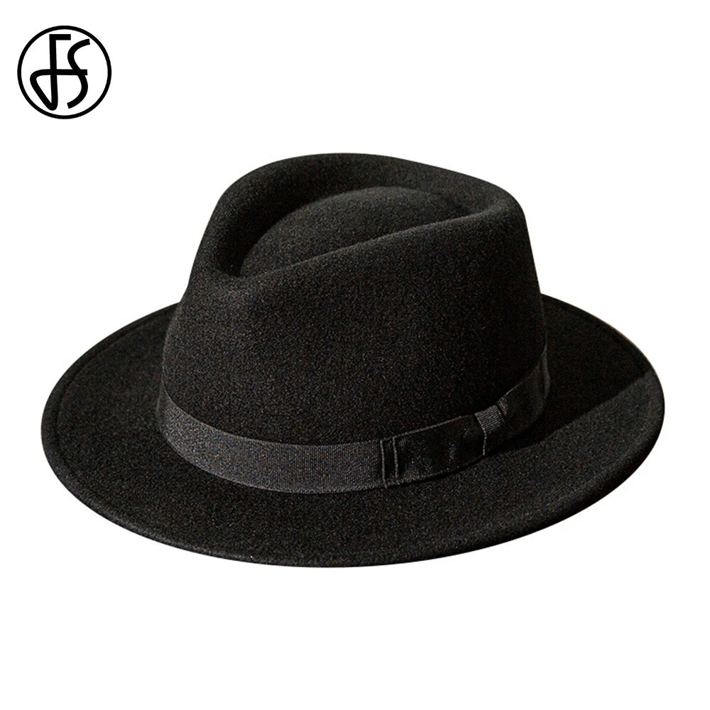 FS French Gentleman Black Jazz Hats for Men With Ribbon Panama Cap Wool Felt Fedoras Wedding Party Trilby Hat Women Unisex