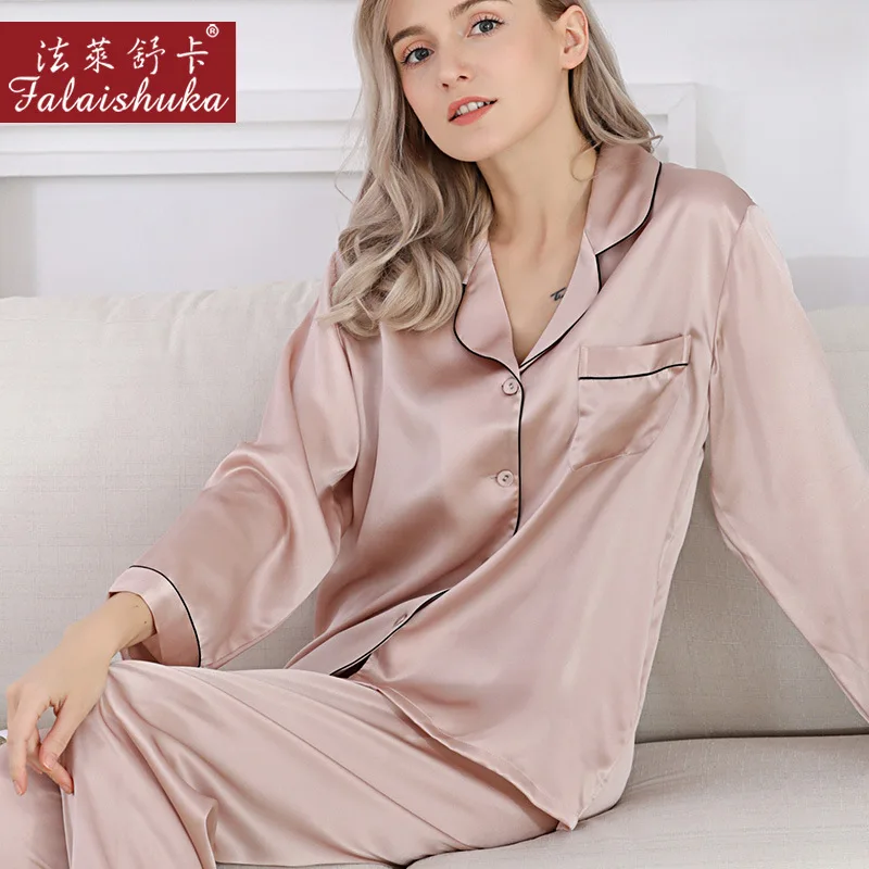 

2024 Fashion silk sleepwear women pajamas spring summer 100% mulberry silk two-piece home wear long sleeved silk Women's suit