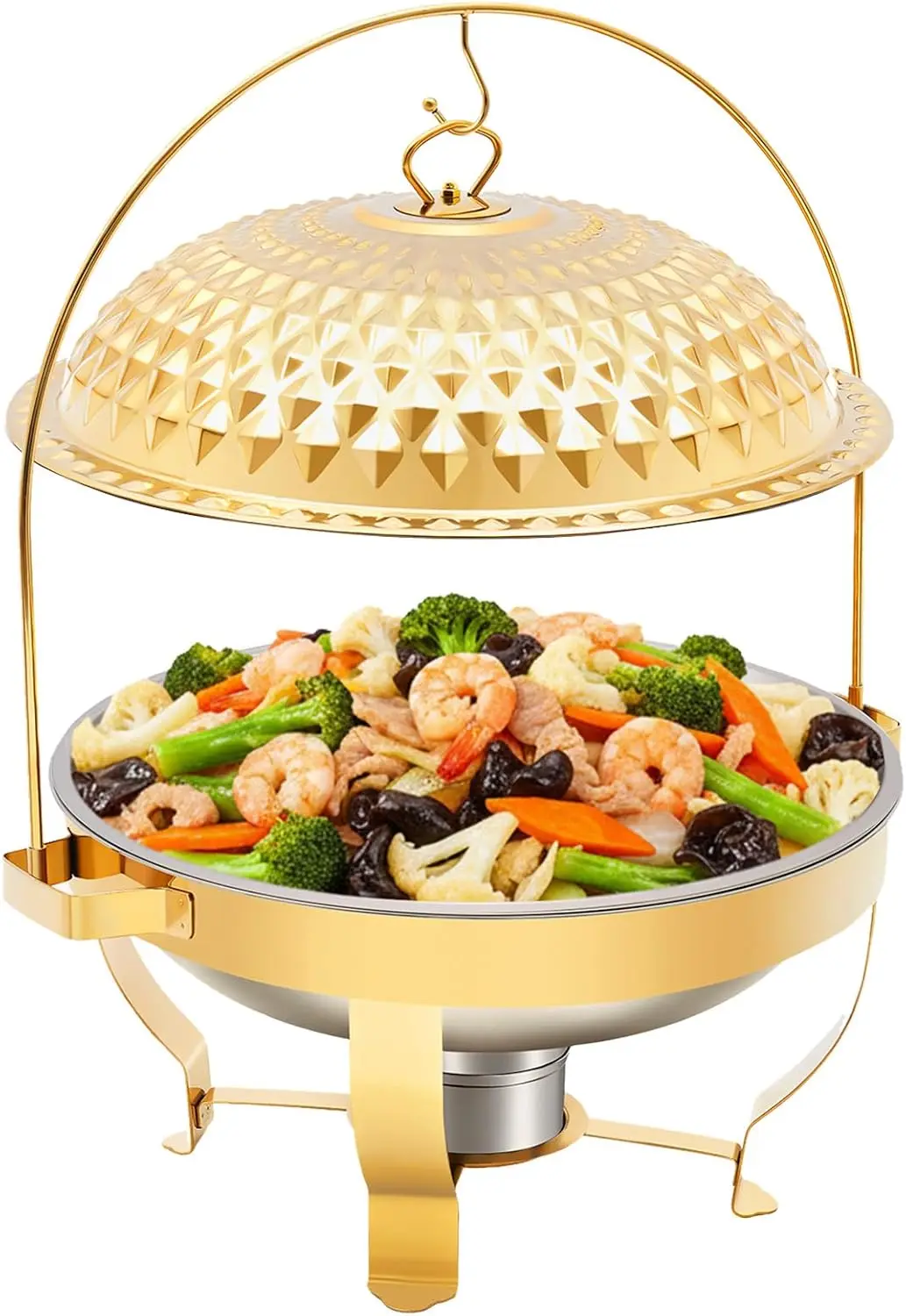 

Gold Round Chafing Dishes 4 Sets for Buffet, 6L Stainless Steel Buffet Servers with Hanging Lids, Chafers & Buffet Warmers Set