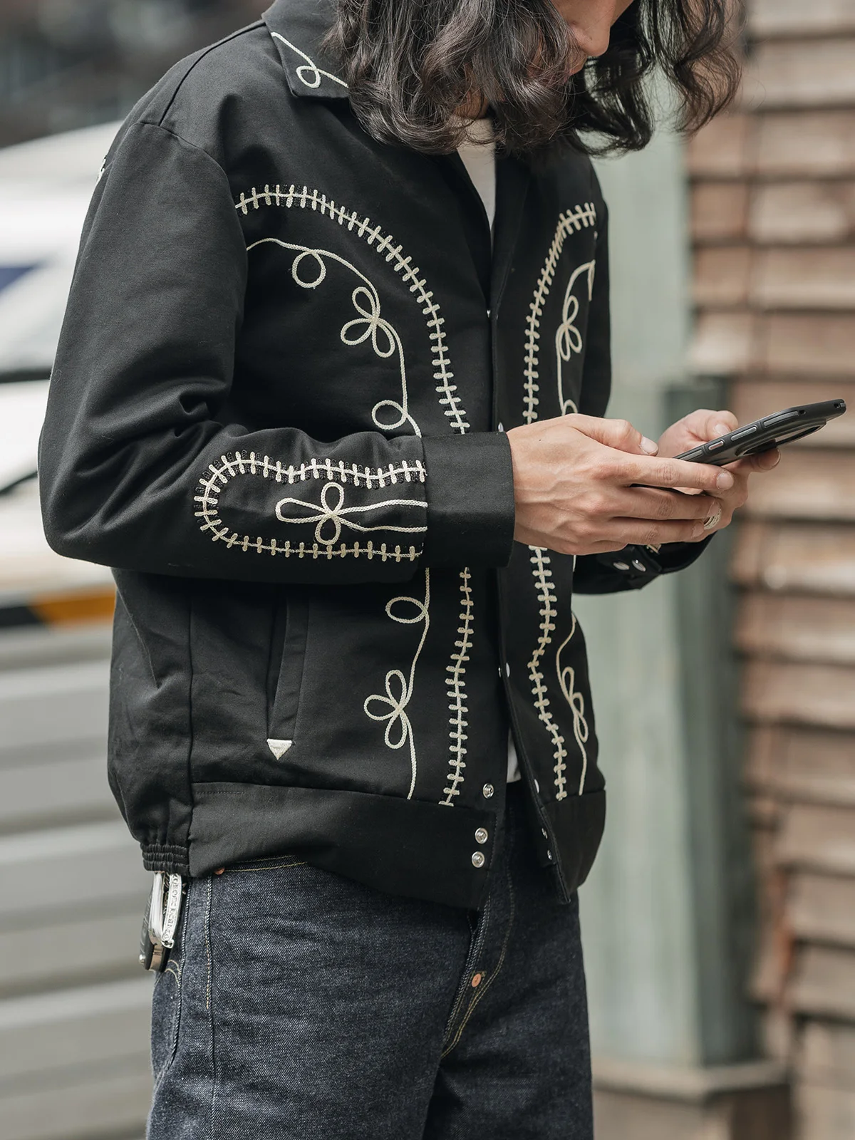 Non Stock Bolero Western Embroidered Black Musician Jacket Rockabilly Loose Stitched Outerwear Long Sleeve Flip Collar Coat