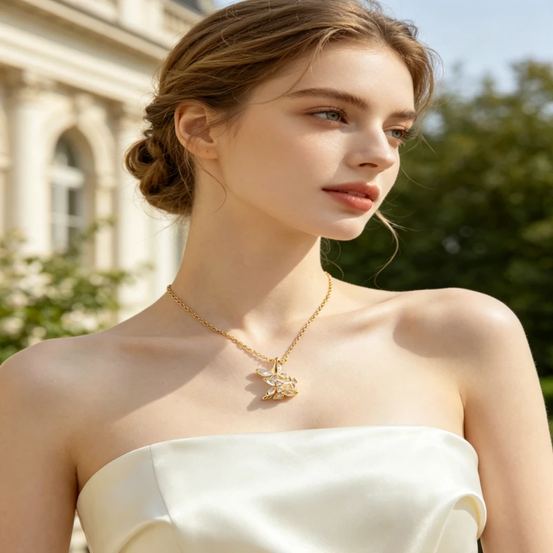 Rotatable Bow Star Bird Rabbit Figure Zircon Stainless Steel Clavicle Necklace Jewelry Gift Women Wedding Daily Dating Beach