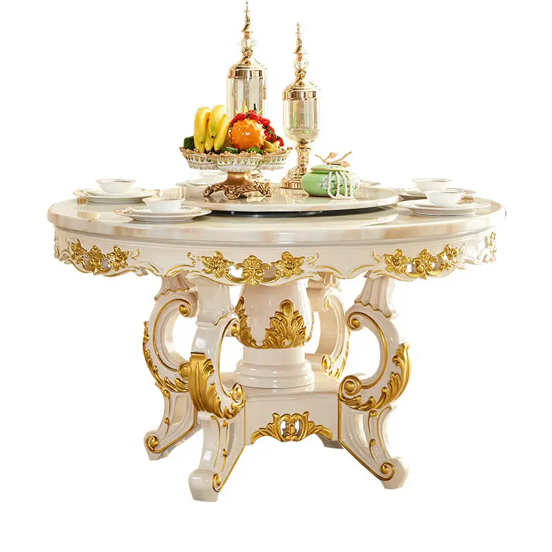 European Marble Dining Table and Chair Combination Large Apartment Solid Wood Round Table Restaurant for 6-8 People