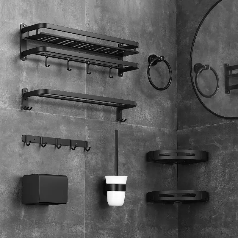 

Black towel rack 304 stainless steel bathroom wall-mounted non-punching pendant set