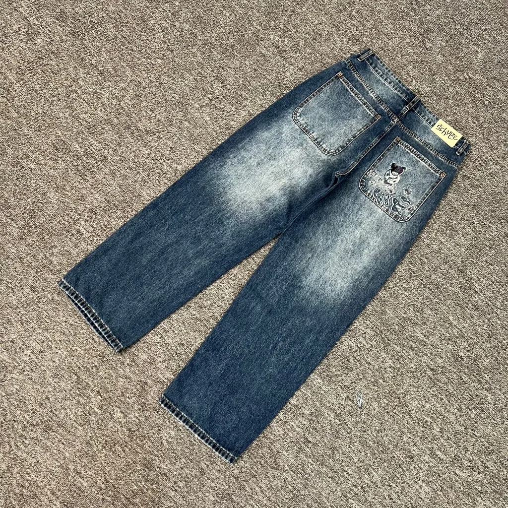 Pantalones vaqueros Retro destridos, corte holgado, bordado, Fi Pond Bear, cintura alta, cierre de cremallera, ropa informal de otoño para jóvenes