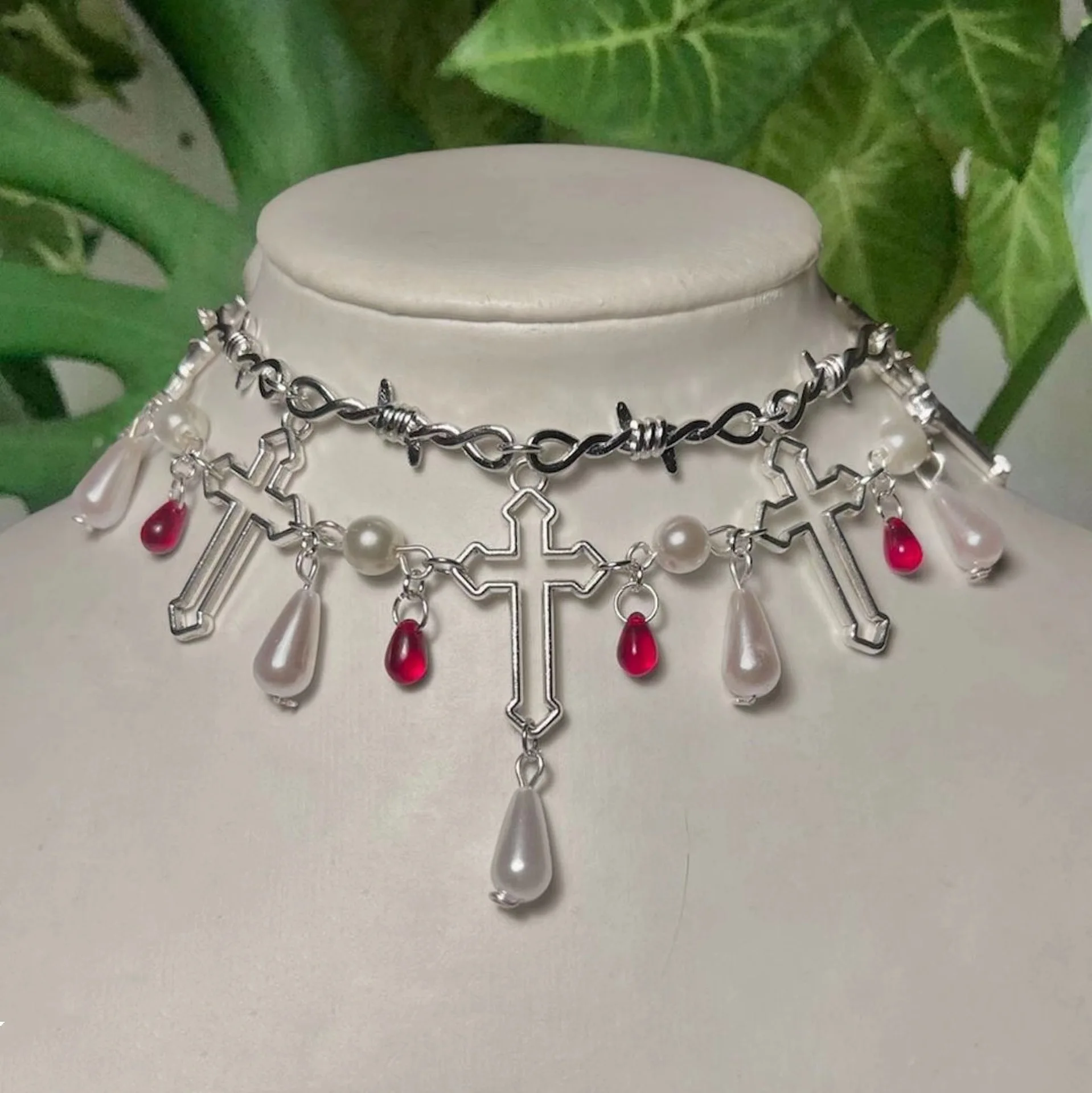 

America Silver Color Adorned Imitation Pearls, Imitation Ruby Blood Drop Cross Double Layered Necklace Women Party Necklace