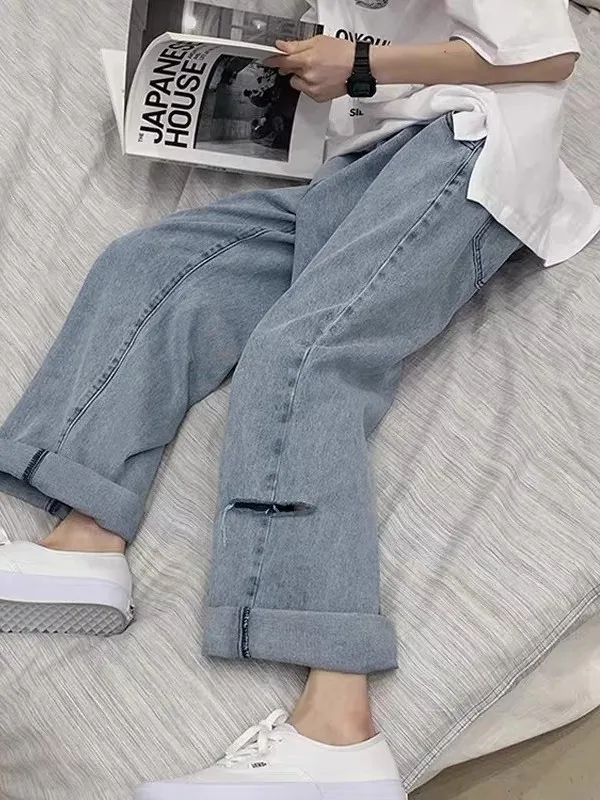 

Мужские джинсы прямого кроя в стиле High Street, универсальные, повседневные, со средней посадкой, на пуговицах, без стрейча, из денима, с рваными элементами