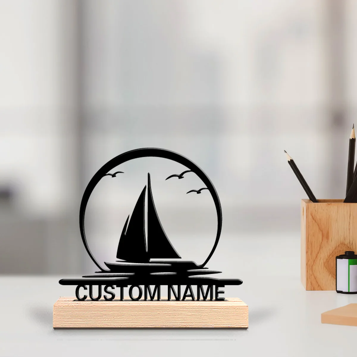 1pc Customized Minimalist Metal Ornaments Customizable Content With Wooden Base Art Decoration, Desktop Decoration