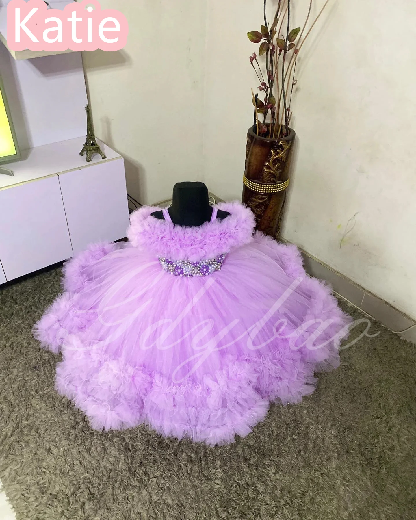 فستان بناتي على شكل زهرة وردية لحفلات الزفاف مطرز باللؤلؤ من التول المنتفخ للأميرة للأطفال وحفلات أعياد الميلاد الأولى مخصصة #6