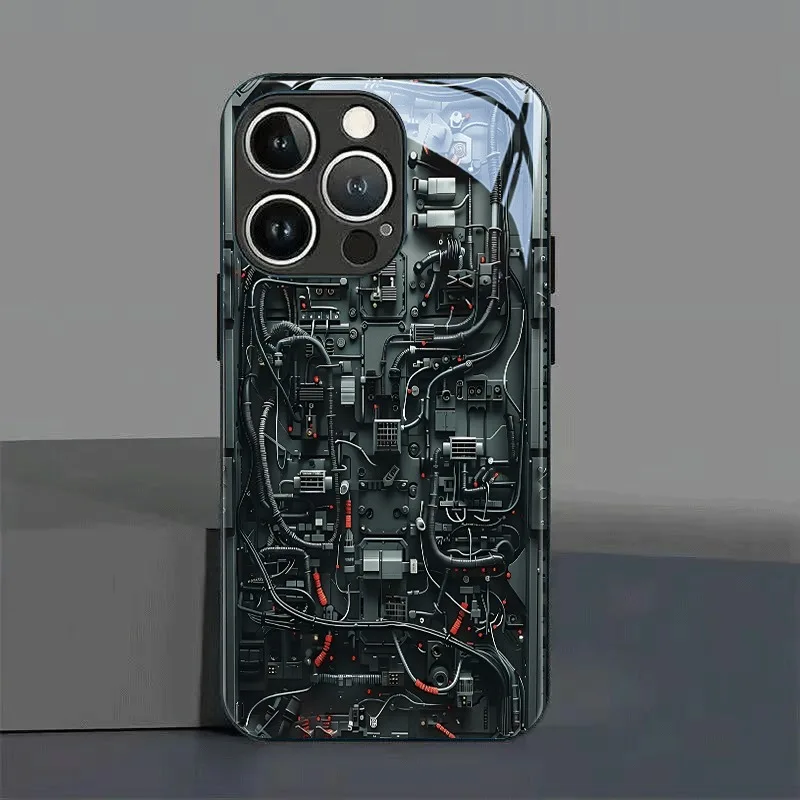 Kreatives Mechanisches Schaltkreis-Design Gehärtetes Glas Handyhülle für iPhone 18 17 16 15 14 13 12 11 Pro Max 17Air 16E 7 Plus XR XS X Cover – Detail 2