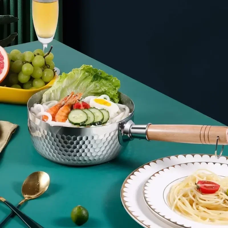 مقلاة من الفولاذ المقاوم للصدأ 316 بمقبض من الخشب الصلب مع خطاف مقلاة صلصة متعددة الأغراض مع فوهات صب، وعاء صلصة، وعاء الطبخ