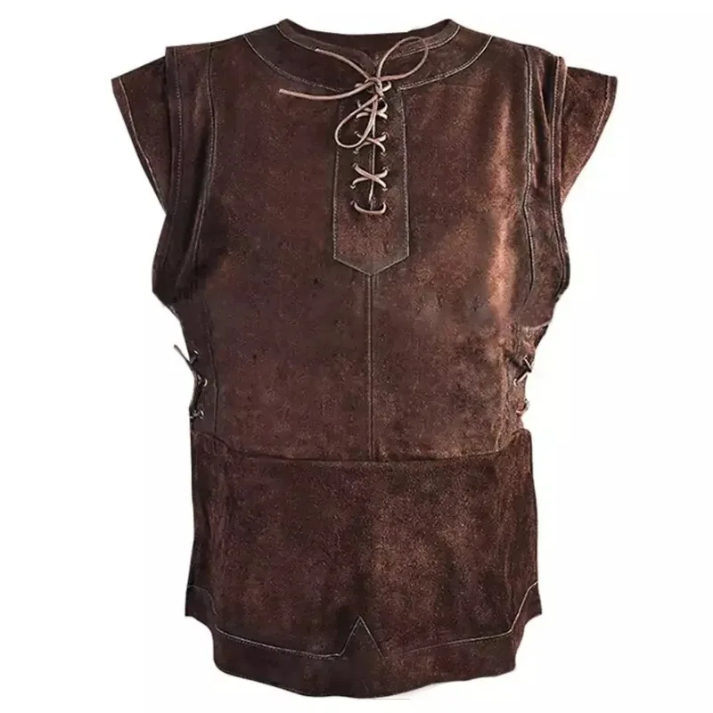 

Fashionable Retro Men's Vest Performance Suit with Tie Decoration Round Neck Short Sleeved Casual Hunter Outdoor Vest