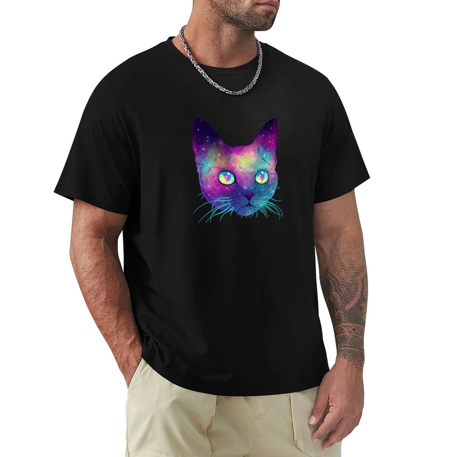 Galaxy Cat Face / Feline Look / eyes Psychedelic Techno Sticker T-Shirt Relaxed Fit Casual Short Sleeve Top
