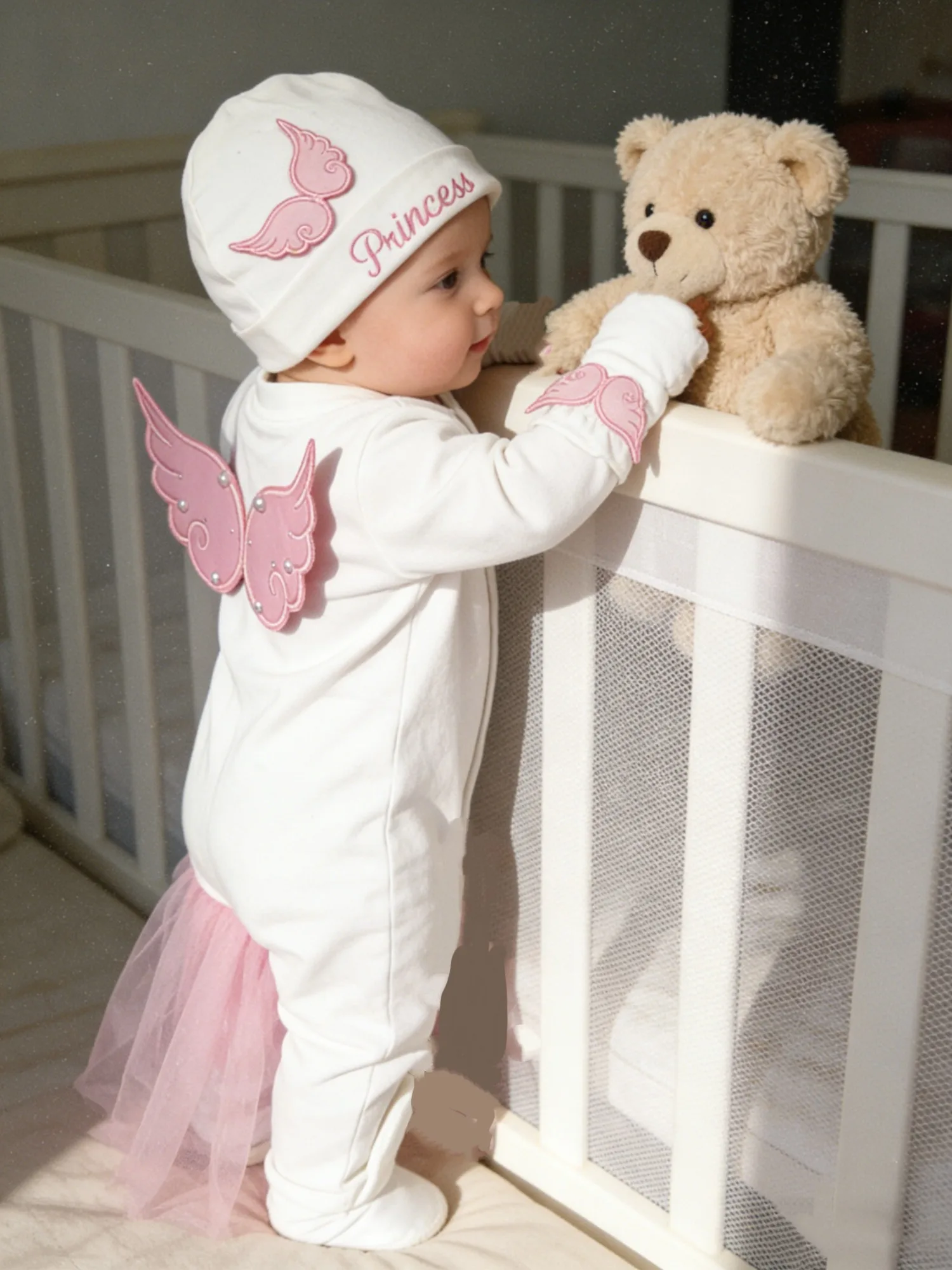 Newborn Pink Angel Wings Princess Outfit - Tutu Skirt Onesie Set, Princess Embroidery - Soft Comfortable Baby Clothes
