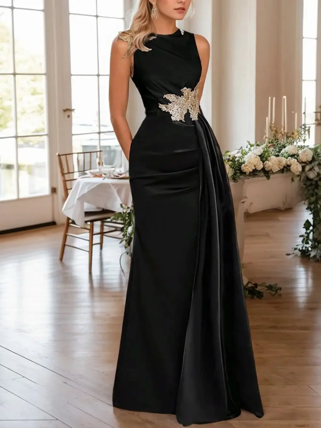 

Vintage Elegant Mermaid Evening Gown Sleeveless Satin Floor Length Jewel Neck Appliques Wedding Guest Dress 2025 Free Customized