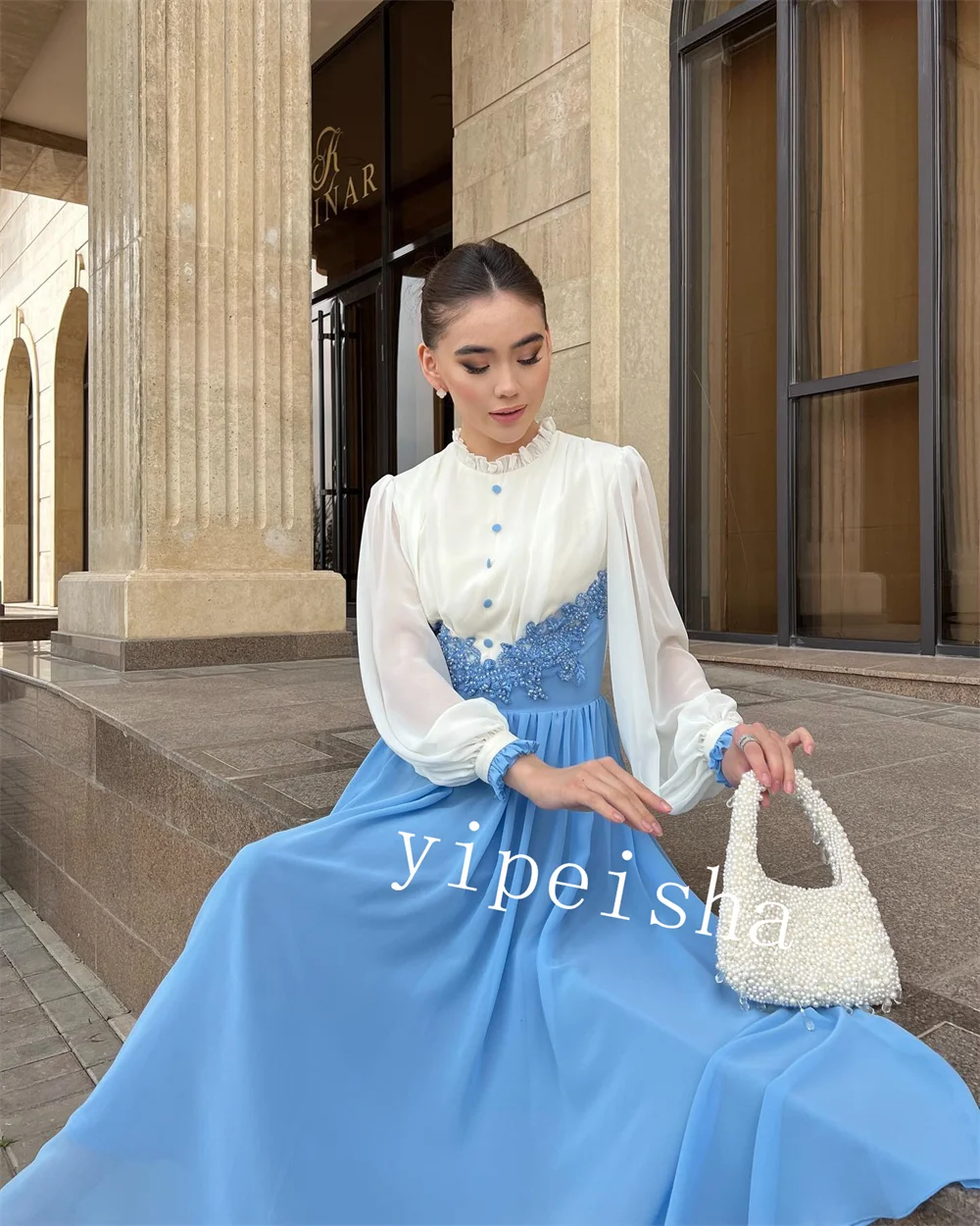 Jiayigong Chiffon Perle Knopf Quince anera A-Linie Juwel maßge schneiderte Anlass Kleid Midi Kleider Saudi-Arabien