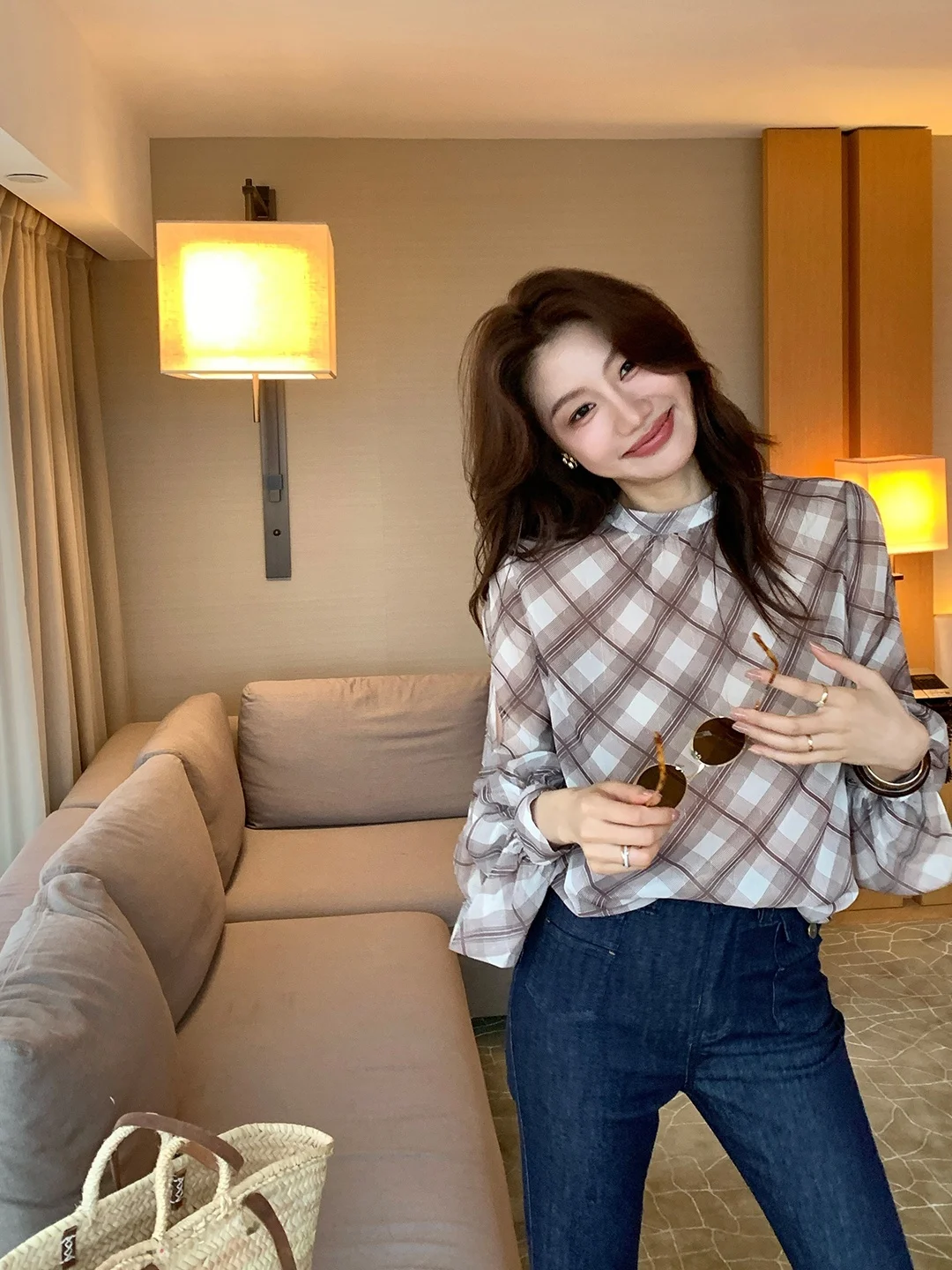 

Dragon Xier Soft Smooth Loose Lantern Sleeve Shirt Women's High-End Feel Diamond Pattern Stand Collar Long Sleeve Top