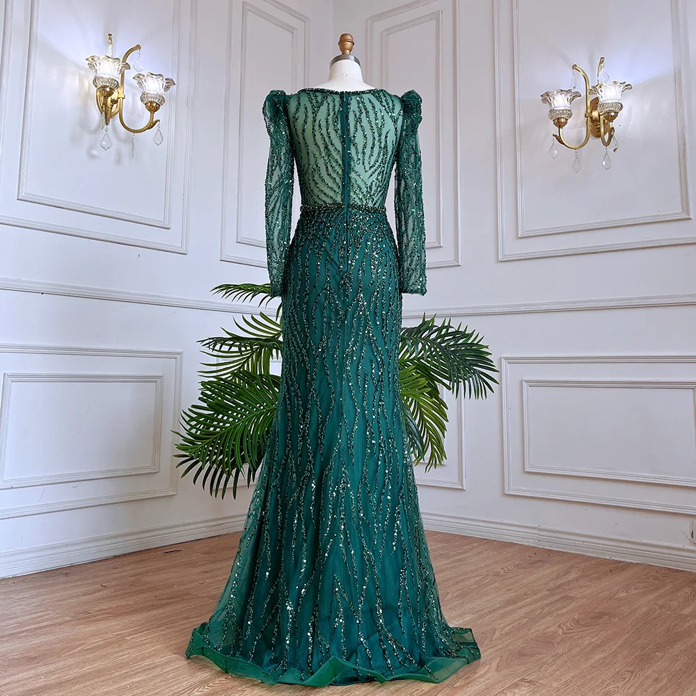 Luxury Mermaid Evening Dresses 2024 For Women Ceremony Dresses Muslim Emerald Green V Neck Long Sleeves Beaded Arabic