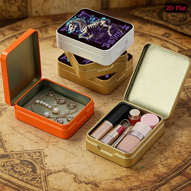 Skeleton Horse Tattoo Theme Mini Pocket Flip Top Square Tin Box, UV Printed Portable Metal Tin Box, Small Object Storage
