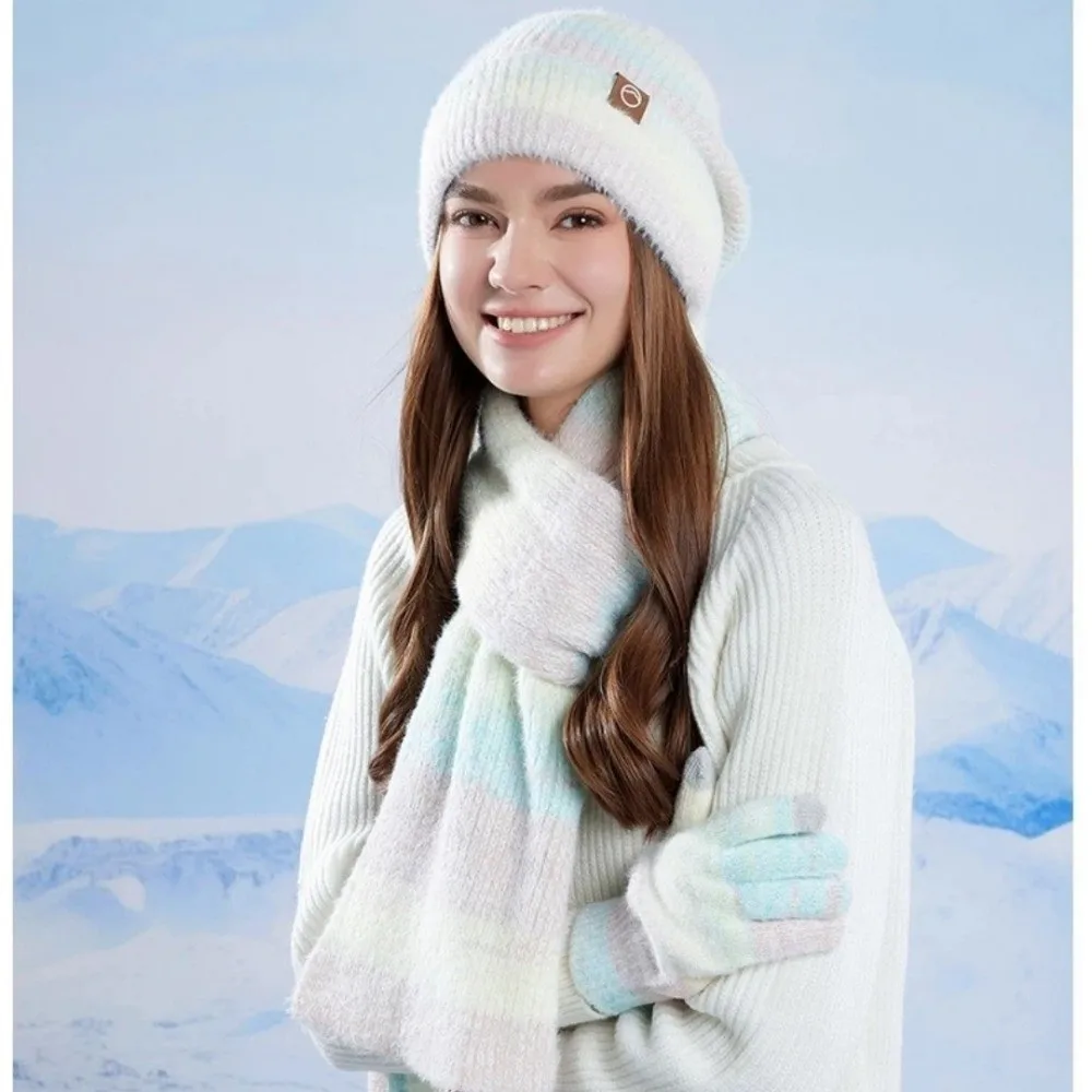 Outdoor Winter Cap Gloves Scarf Set Knitted Fleece Lining Women Skullcap Gradient Color Windproof Cycling Beanies