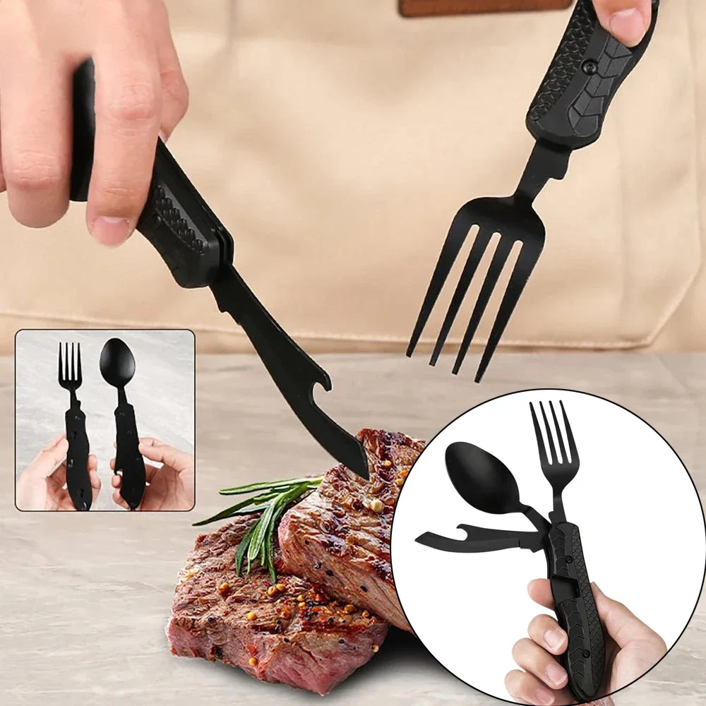 Cuchillo desmontable portátil, cuchillo plegable multifuncional de acero inoxidable, tenedor y cuchara, cubiertos para senderismo y acampada al aire libre, 3 uds.