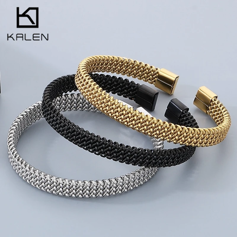 KALEN Stainless Steel Braided Open Bangle for Women Men Simple Polished Hand Trendy Jewelry Gift Wirst Chain Accessory