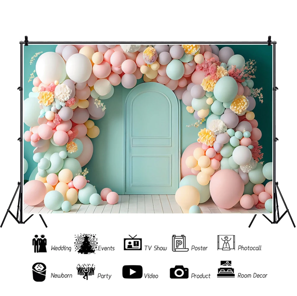 خلفية عيد ميلاد الطفل الأول للتصوير الفوتوغرافي ، البالون الملون ، الباب المقوس ، الفراشة ، قلعة الحلوى ، لافتة تزيين الحفلات المخصصة