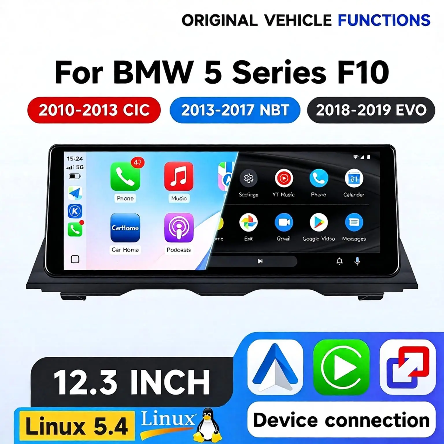 10,25" 12,3" Hizpo Linux System Autoradio für BMW 5er F10 CIC 2010 - 2013 NBT 2013 - 2017 EVO 2018 - 2019 Kabelloses CarPlay Android Auto GPS-Navigation 1920*720 IPS-Bildschirm