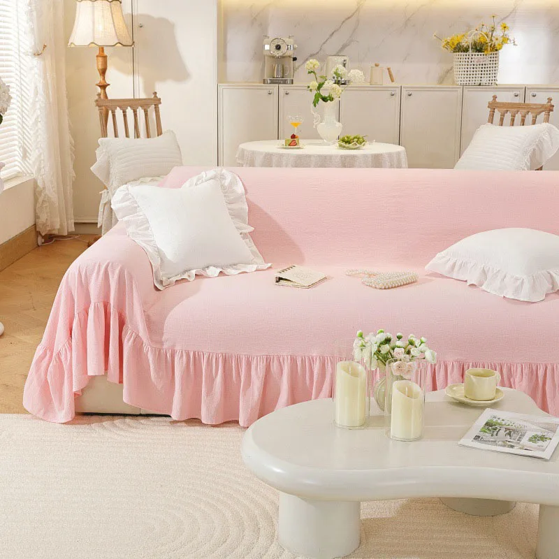 Ruffled Cotton Sofa Cover,Nordic Style Solid Color Sofa Cover,Four Seasons Universal Furniture Protector for Bedroom Home Decor